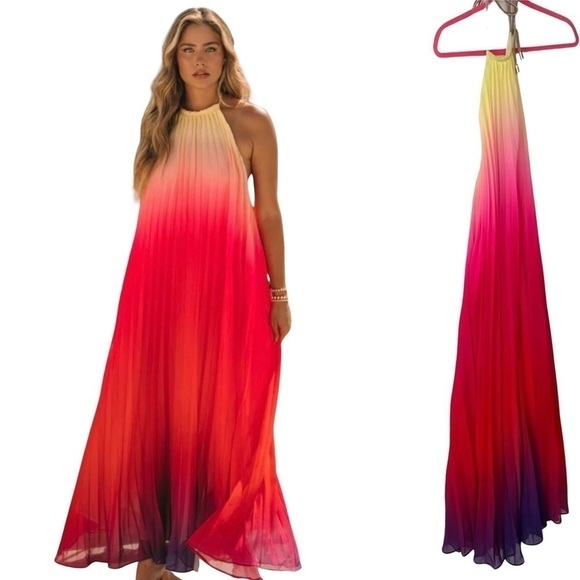 SOLD - Pleated OMBRE HALTER MAXI DRESS - PINK RED - Picture 4 of 9